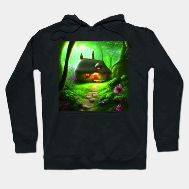 Fantasy Green House In a Greenery Scene, Fantasy Cottagecore artwork Hoodie by Promen Art